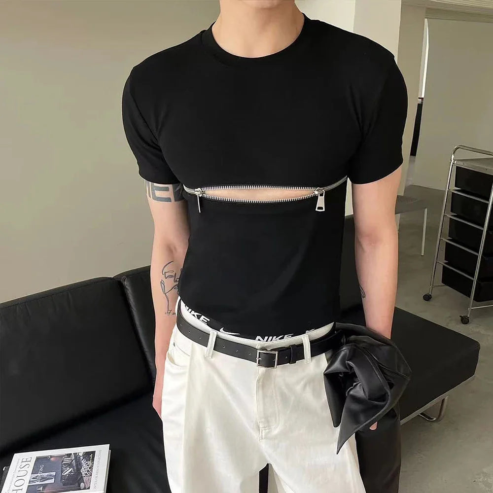 Bonsir Fashion Crop Tops Men T Shirt Zipper Solid O-neck Short Sleeve T Shirt Summer Y2k Streetwear Unisex Short Tees Casual Camisetas