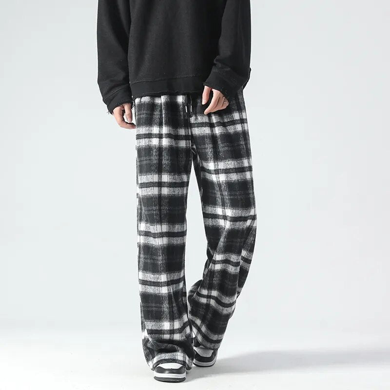 Bonsir Black White Plaid Velvet Joggers Pants Men Streetwear Oversized Pants Hop Hop Elastic Wasit Man Straight Trousers