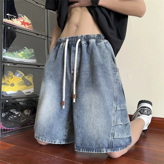 sanyamk Summer Fashion Blue Denim Pants Shorts Men's Straight Casual Ins Youth All-match Fifth Pants Elastic Waist Chic Short Pants