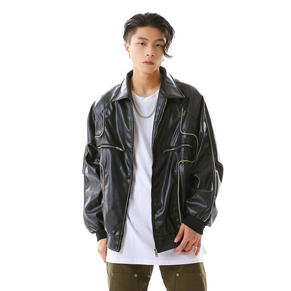 sanyamk Retro Zipper Pockets Lapel White Black Pu Leather Jacket Men's Harajuku Streetwear Loose Coat Thick Autumn and Winter Clothes