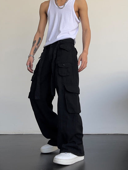 Bonsir High street retro casual large pocket overalls men&#39;s and women&#39;s new summer high waist loose straight tube draped wide leg pants