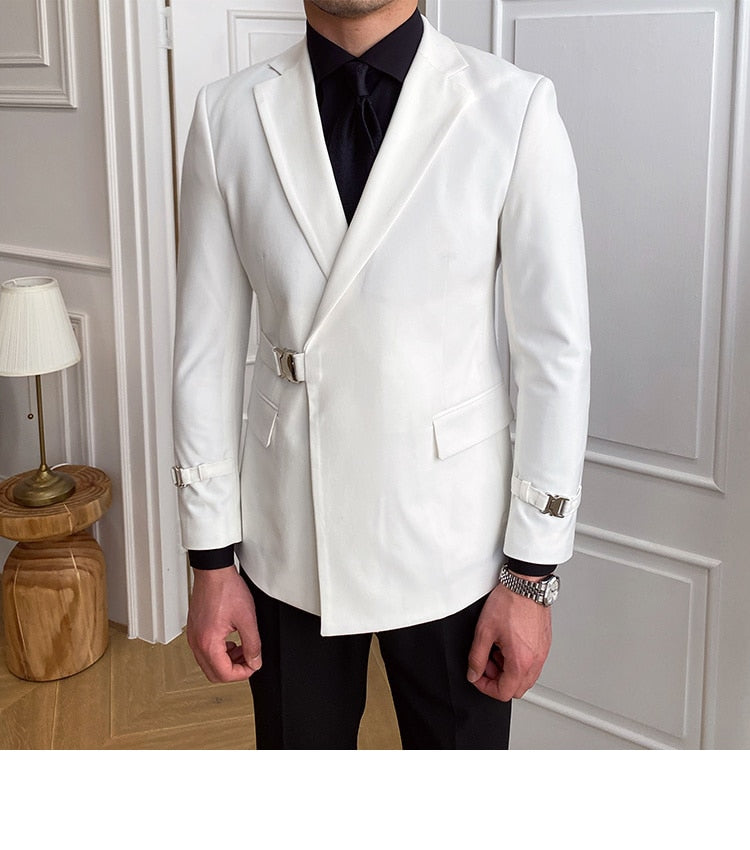 sanyamk Solid Metal Buckle Decoration Blazer For Men Party Wedding Banquet Blazer Italian Designer Suit Jacket Slim Fit Blazer Homme