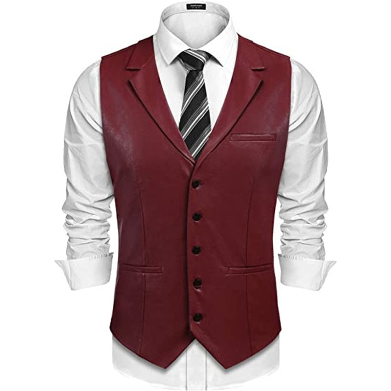 sanyamk Cowboy Leather Waistcoats Men Vintage Lapel Single Breasted PU Vest Coats Men's Clothing Fashion Button Sleeveless Jackets Fall