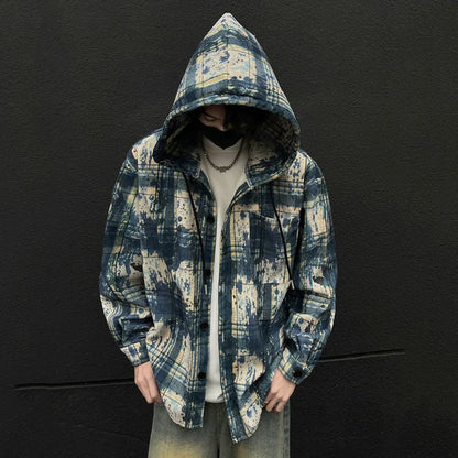 sanyamk  -  Korean Style Men's Hoodies Hooded Plaid Contrast Color Casual Tops Single Breasted Brushed Loose Male Sweatshirts 9C8558