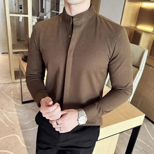 Bonsir Autumn Winter Two Fake Woolen Shirts for Men Fashion Stand Collar Casual Business Dress Shirts Social Party Tuxedo Blouse