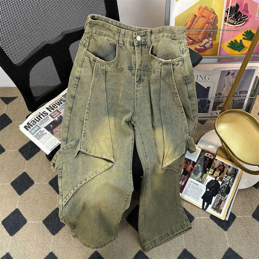 sanyamk Spring Men and Women Trendy Street Personalized Washed Straight leg Jeans Couple Loose Wide Leg Floor Raging Casual Pants