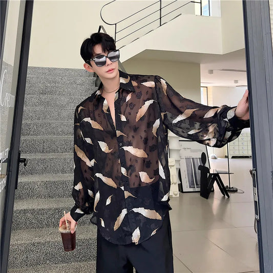 Bonsir Men Sexy Feather Hollowed Out Shirt Men's Lapel Long Sleeved Transparent Clothing Streetwear Casual Loose Trendy Design Tops