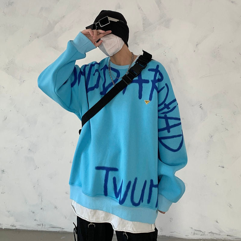 Bonsir Graffiti Letter Oversize Men Hoodies Sweatshirts O-neck Harajuku Hip-hop Pullovers Fashion New Male Jumpers Streetwear