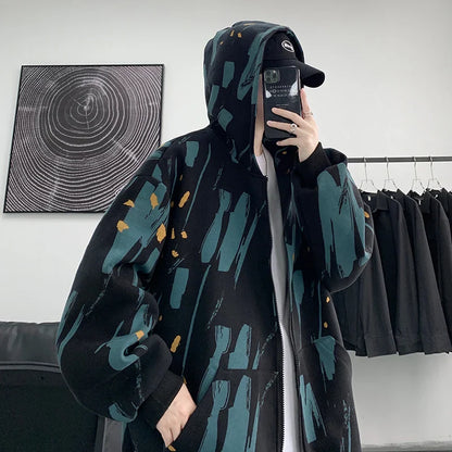 BONSIR  -  Men Korean Style Hoodies Vintage Printed Long Sleeve Oversized Hooded Sweatshirt Mens Casual Streetwear Hoodie Coats