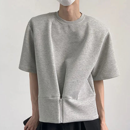 Bonsir Shoulder Pad Short Sleeve T Shirt Men's Retro Pullover Loose Design O Neck Top Half Sleeve Summer Zipper Half-sleeved Tees Shirt
