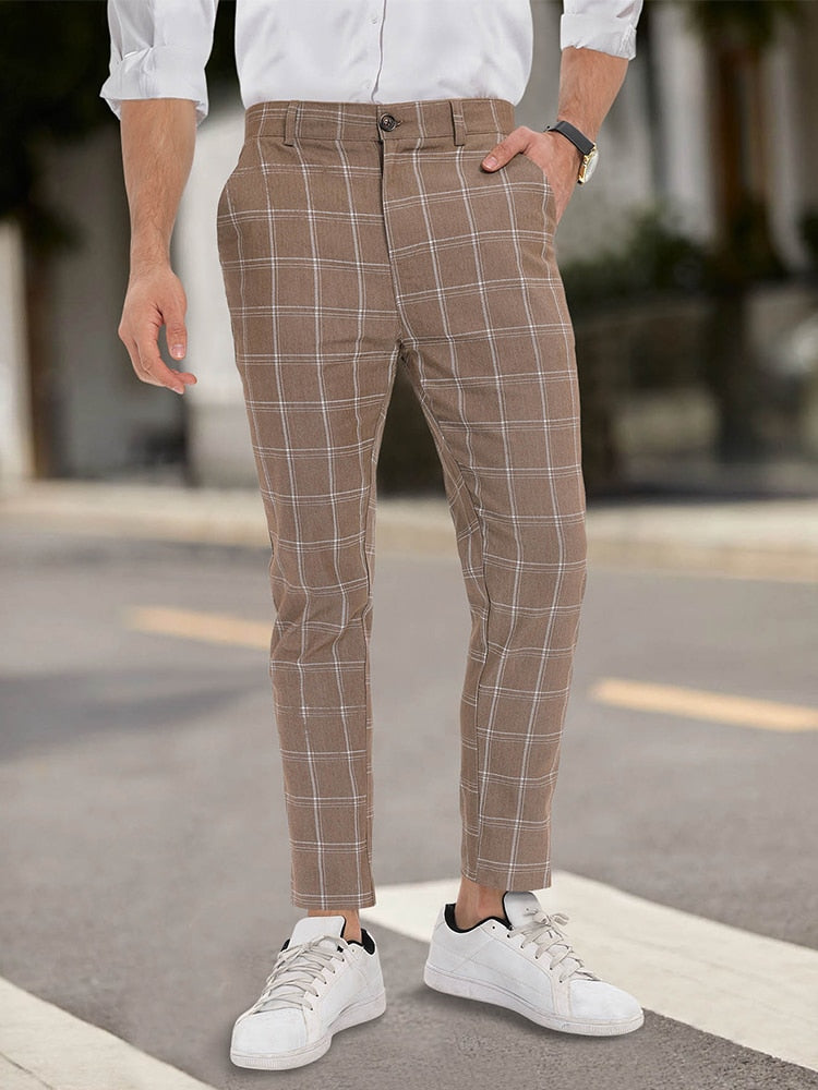 Bonsir Vintage Men Plaid Print Pants Autumn Casual Buttoned Mid Waist Straight Trousers Mens Fashion Striped Long Pant Male Streetwear