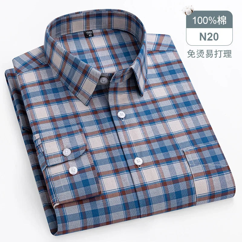 sanyamk Quality 100%Pure Cotton Men Long Sleeve Social Shirt for Oxford Shirt Men Plaid Striped Work Casual Shirt Male Regular-Fit S-8XL