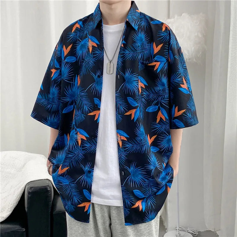 Bonsir Panelled Shirts Men Baggy Summer Printing Korean Style Hipster Half Sleeve All-match Daily Leisure High Street Slouchy Vitality