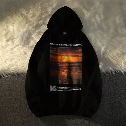 Bonsir EU Size Couples Autumn Winter Sunset Dusk Print Hoodies Men Women Hip Hop Pullover Jackets Fashion Oversized Streetwear Tops