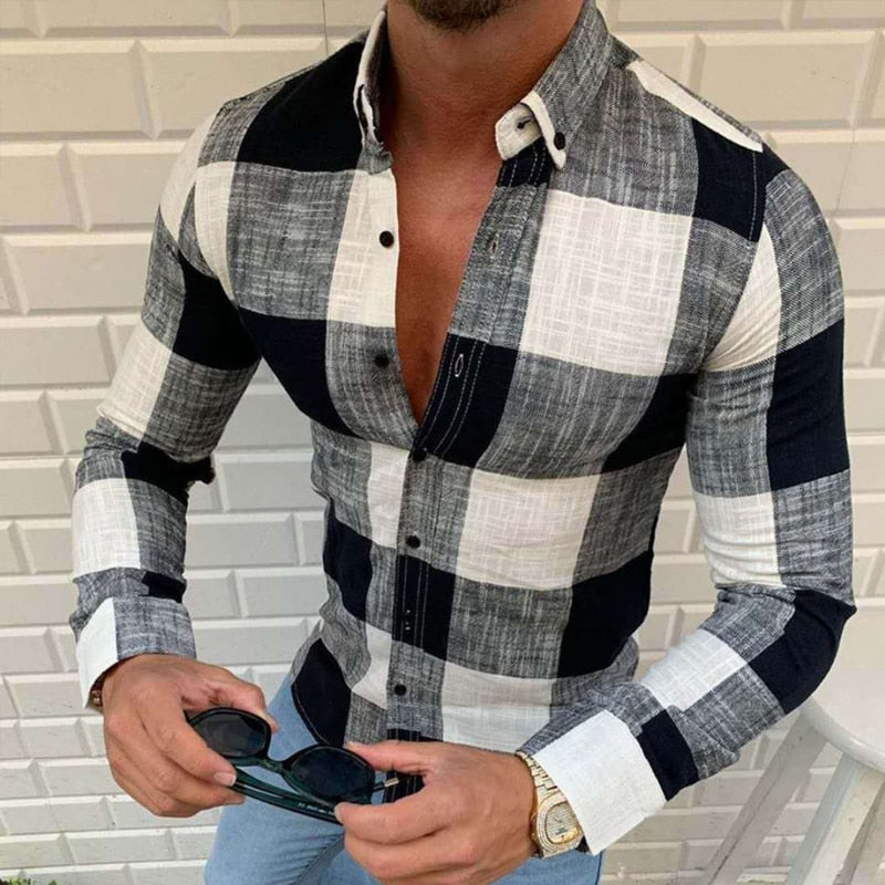 Bonsir Spring Fall Lapel Button Shirts Man Vintage Plaid Print Long Sleeve T-Shirt Top Fashion Men Clothing Business Shirts Streewtear