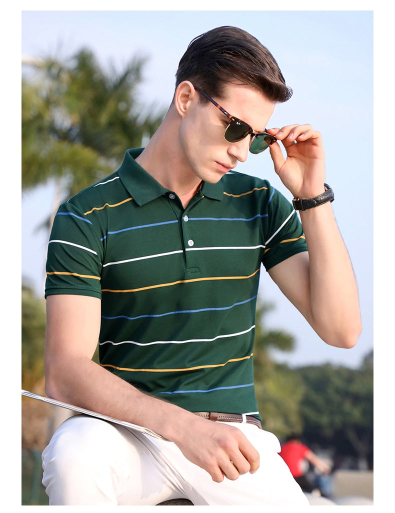 sanyamk Top Grade New Summer Brand Mens Striped Turn Down Collar Polo Shirts With Short Sleeve Casual Tops Fashions Men's Clothing