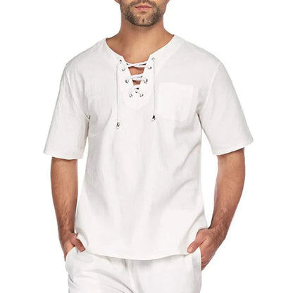 sanyamk  - Summer Daily Leisure Cotton Linen T Shirt Men Vintage Drawstring V Neck T-shirts Casual Solid Color Short Sleeve Mens Pullovers