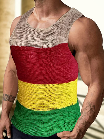 sanyamk New Men Loungewear Fashion Vest, Summer Holiday Sleeveless O-Neck Simple Pullover Shirts, Striped Knitted Tank Tops