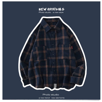 sanyamk New Men's Clothing Shirt Long Sleeve Square Collar Spring Autumn Loose Fashion Casual Plaid All-match Button Tops