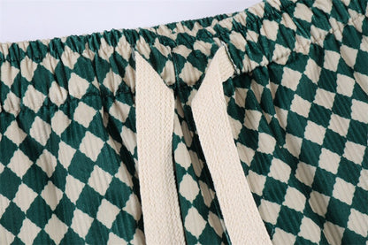 Bonsir Checkerboard Casual Pants Men's Street Tide Brand Elastic Waist Green Plaid Wide Leg Pants Drawstring Drape Sports Trousers