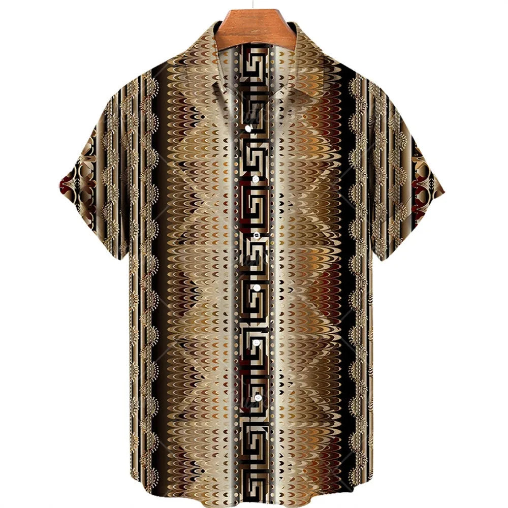 sanyamk New Men's Ethnic Style Printed Short-sleeved Hawaiian Shirt Roll Sleeve Beach Lapel Breathable Loose Top High Street Spring Wear