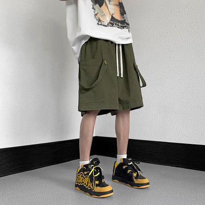 sanyamk Summer Cotton Shorts Men Fashion Retro Pocket Shorts Men Japanese Streetwear Hip Hop Loose Straight Shorts Mens Cargo Pants