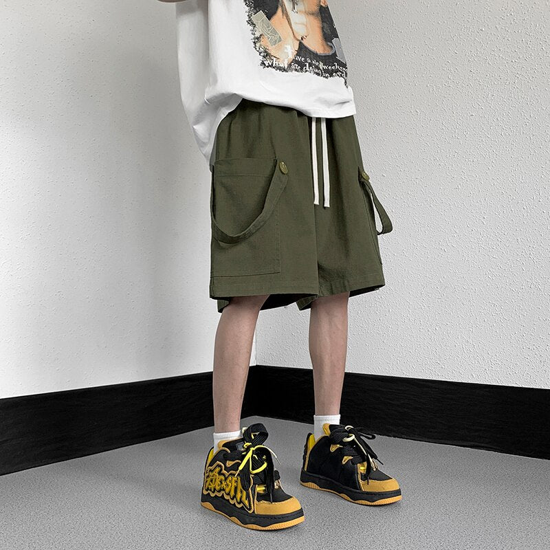 Bonsir Summer Cotton Shorts Men Fashion Retro Pocket Shorts Men Japanese Streetwear Hip Hop Loose Straight Shorts Mens Cargo Pants