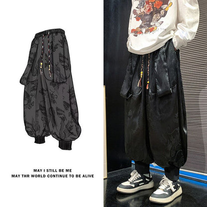 Bonsir Summer Thin Ice Silk Pants with Dragon Print Pants Hiphop Cool sweatpants women new high quality baggy streetwear