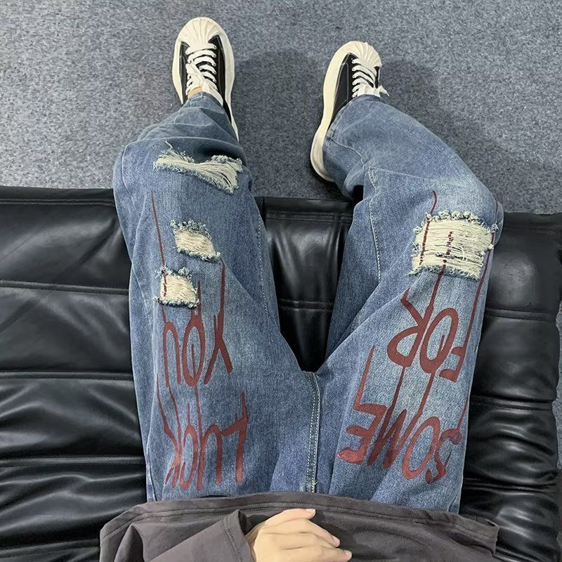 Bonsir y2k clothes High Street Hip Hop Washed Distressed Letter Printed Jeans Men Fashion Brand Straight Leg WideLeg Loose Couple Pants