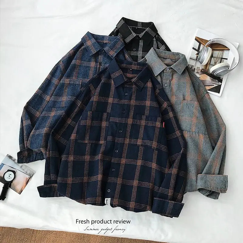 sanyamk New Men's Clothing Shirt Long Sleeve Square Collar Spring Autumn Loose Fashion Casual Plaid All-match Button Tops