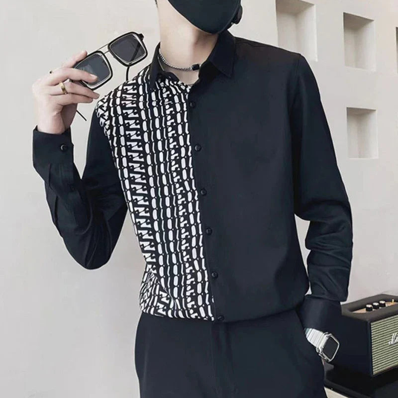 sanyamk Spring Autumn Polo-neck Patchwork Long Sleeve Blouse Male Loose Casual Harajuku Y2K Shirt Hombre Fashion All-match Cardigan Top