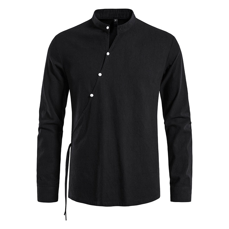 sanyamk New Men's Casual Blouse Cotton Linen Shirt Tops Long Sleeve Tee Shirt Spring Autumn Slanted Placket Vintage Yoga Shirts