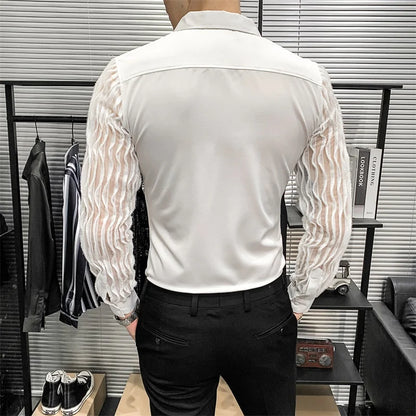 Bonsir Lace Hollow Shirts for Men Long Sleeve Slim Fit Streetwear Social Party Blouse Nightclub Singer Dj Clothing Camisas Para Hombre