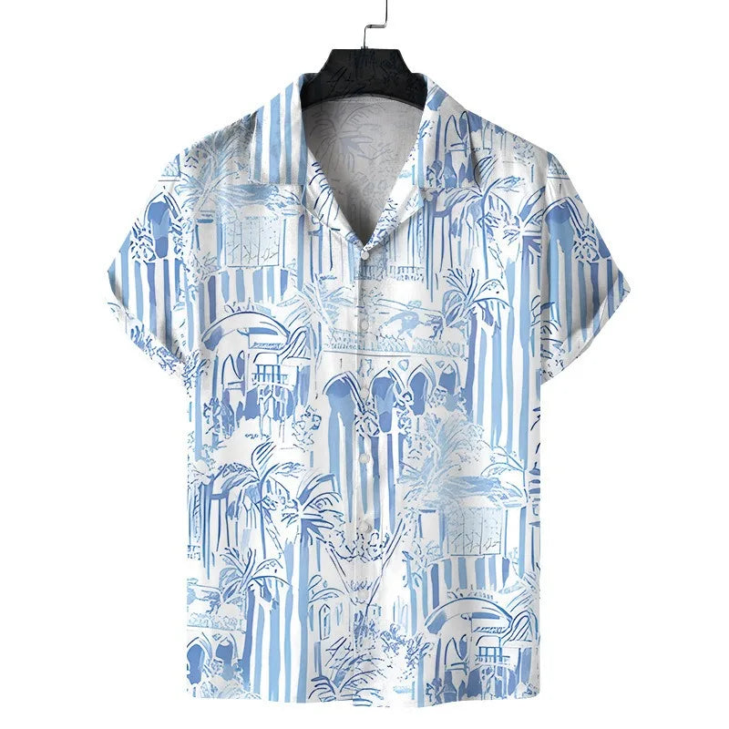 sanyamk Cuba Collar Summer Men's Short-sleeved Printed Shirt Hawaii Beach Vacation