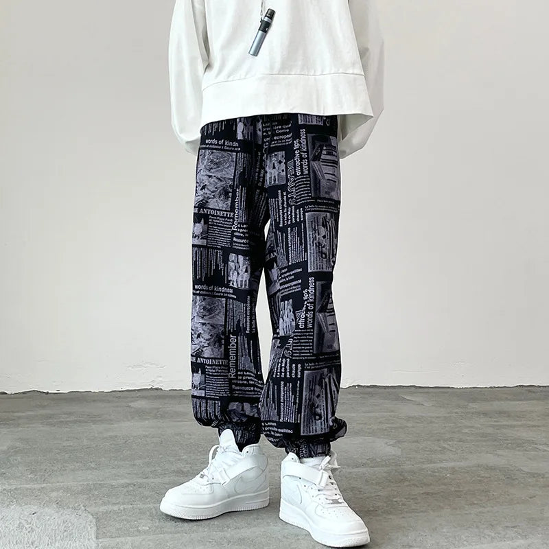 Bonsir Newspaper Pants Men Fashion High Street Spring Autumn Ankle Banded Loose Drawstring American Style Male Hip-hop Trousers Chic