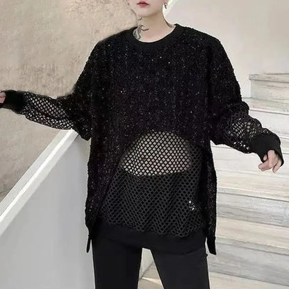 sanyamk Mens y2k sequin mesh stitching see-through sexy long-sleeved T-shirt autumn genderless nightclub fashion trend long top unisex