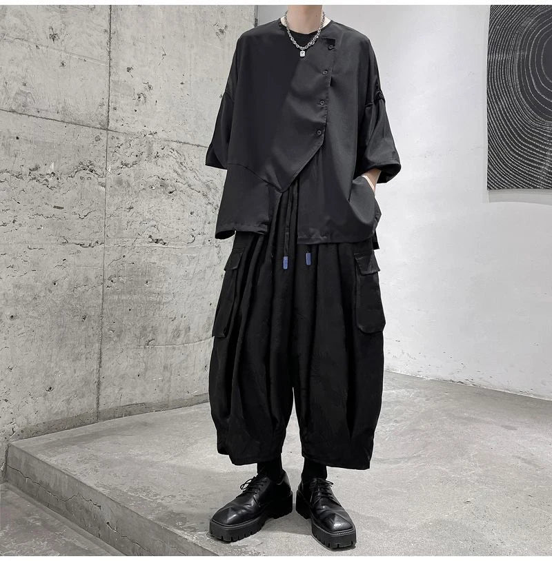 Bonsir Mens Casual Big Pocket Cargo Pants Genderless 2024 New Fashion Sports Dark Style Drawstring Loose Simple Streetwear Unisex