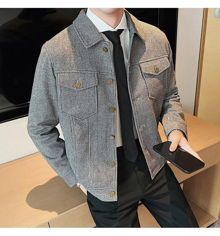 Bonsir Nwe Slim Fit Woolen Plaid Bomber Winter Jacket Men Japanese Streetwear Men Jacket Winter Jackets For Men Brand Coat S-3XL