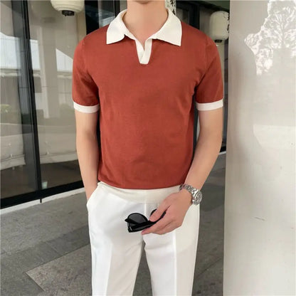 sanyamk Summer Lapel Breathable Short Sleeve Temperament Men's Clothing Slim Korean Version Solid Color Trend Knitted POLO Shirt