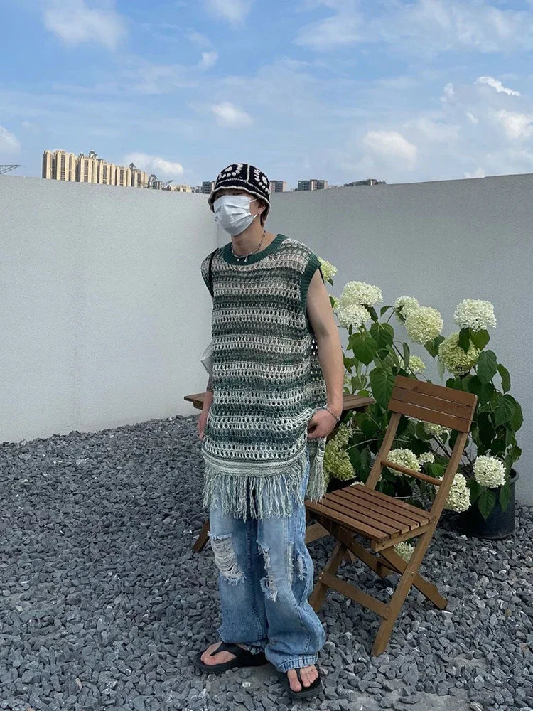 Bonsir Striped Mesh Vest for Men Vintage Knit Tank Tops Sleeveless Tee Male Casual Summer Beach Japanese Streetwear Hip Hop