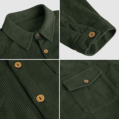 Bonsir Mens Corduroy Button Short Sleeve Shirt Spring Autumn Casual StreetwearWith Pockets Solid Color Shirt For Men Overcoat