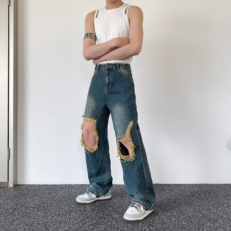 sanyamk Summer Men's Worn Out Jeans Vintage Distressed Hole Wide Leg Denim Straight Pants Korean Personality Casual Srteet