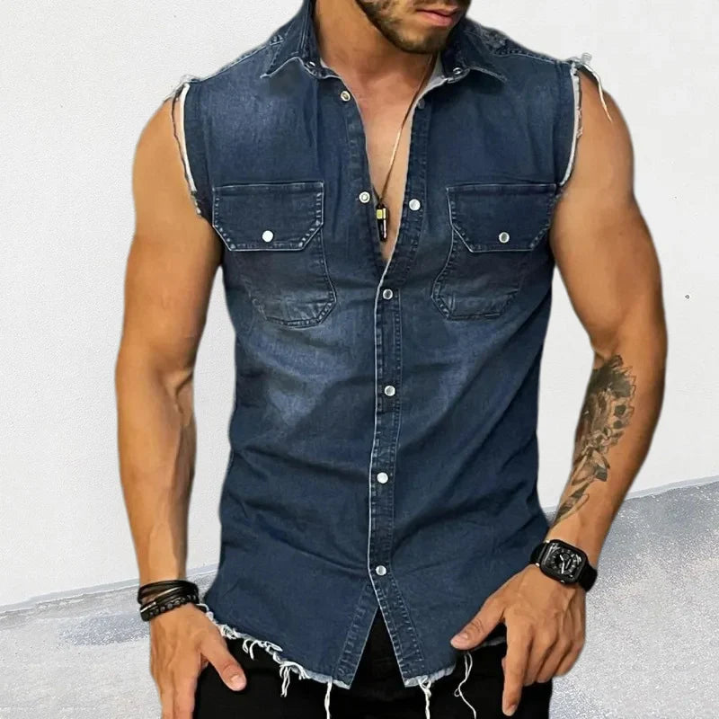 sanyamk Streetwear Mens Fashion Denim Vest Shirts Turn-down Collar Button-up Sleeveless Denim Tank Tops For Men Spring Summer Jean Vest