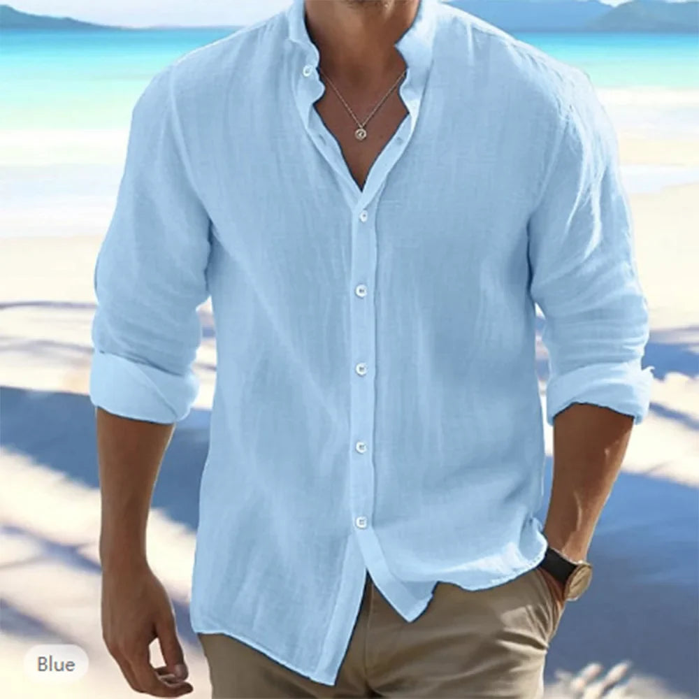 sanyamk Cotton Linen Hot Sale Men's Long-Sleeved Shirts Summer Solid Color Stand-Up Collar Casual Beach Style Plus Size