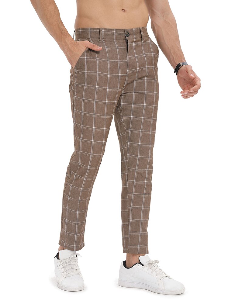 Bonsir Vintage Men Plaid Print Pants Autumn Casual Buttoned Mid Waist Straight Trousers Mens Fashion Striped Long Pant Male Streetwear