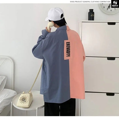 sanyamk  New Spring and Autumn Leisure Simple Flip Collar Letter Print Panel Contrast Loose Oversized Long Sleeved Men's Shirt Coat