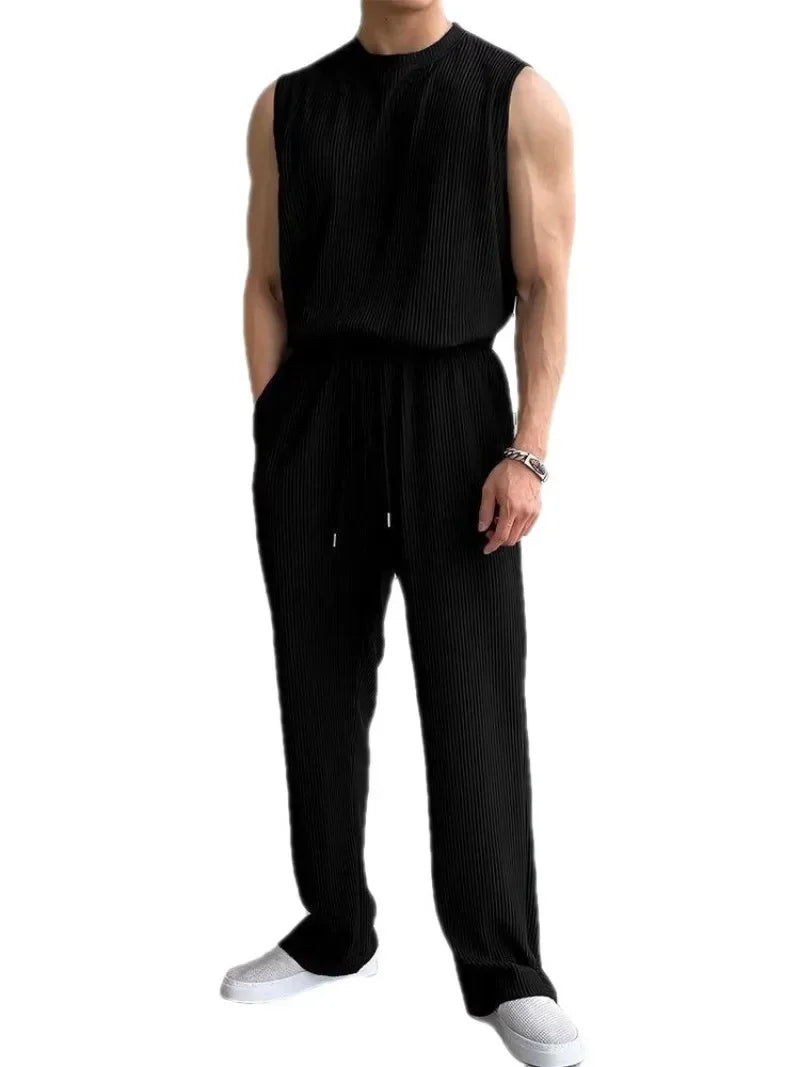 sanyamk Men Clothing Summer New Men's Ice Silk Sleeveless Tank Top Trousers Set Thin Loose Casual Daily Two Pieces Stylish Sets