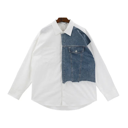 sanyamk Denim Patchwork White Shirt Men Lapel Long Sleeve Button Loose Tops Spring Autumn Fashion Vintage Shirts Streetwear Male