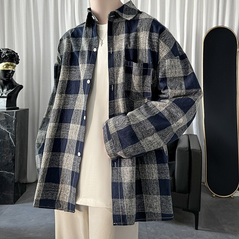 sanyamk Autumn Long Sleeve Shirt Men Fashion Retro Contrast Color Oversized Casual Shirts Mens Streetwear Korean Loose Plaid Shirts Men