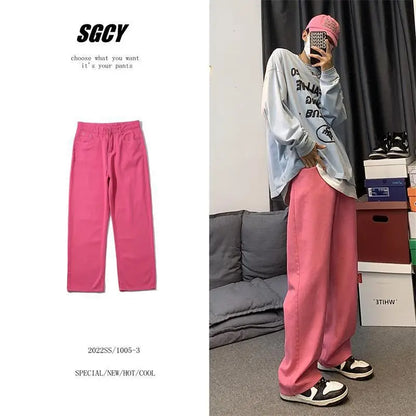 sanyamk Fashion Pink Pants Men's Jeans Loose Streetwear Baggy Denim Trousers Male Straight Bottoms Korean Style Trousers Hip Hop